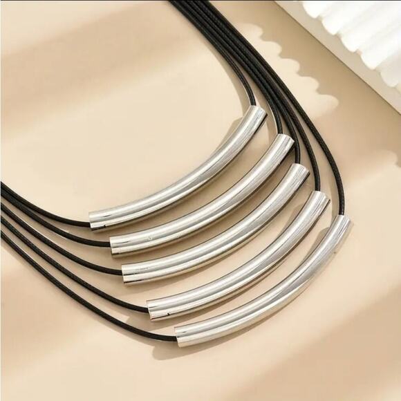 Multilayer Silver Tube Statement Necklace - Picture 5 of 6